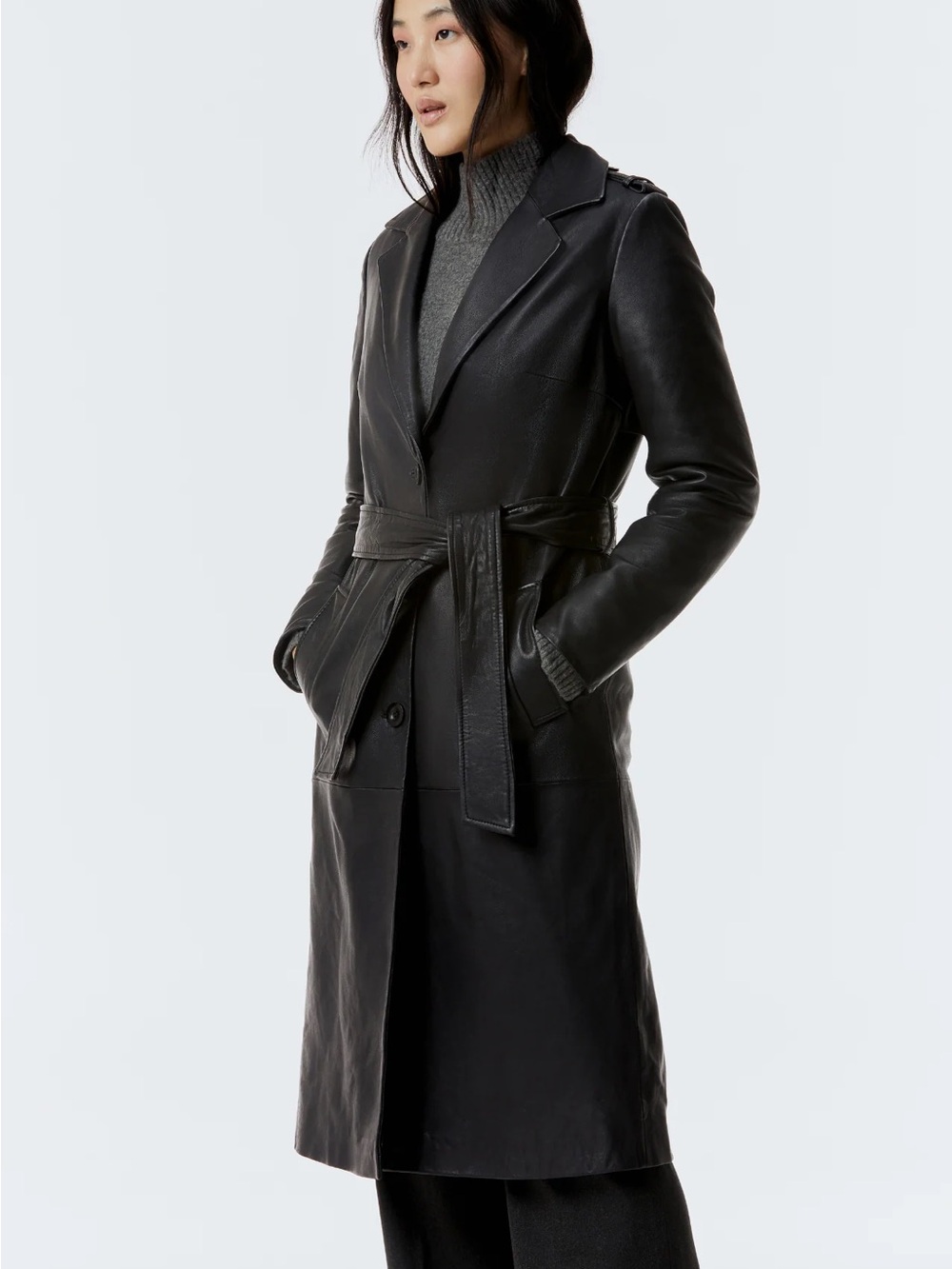 Danier Black Leather Belted Trench Coat